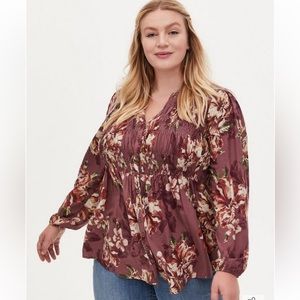 Torrid Babydoll Twill Smocked Button-Front Tunic Top